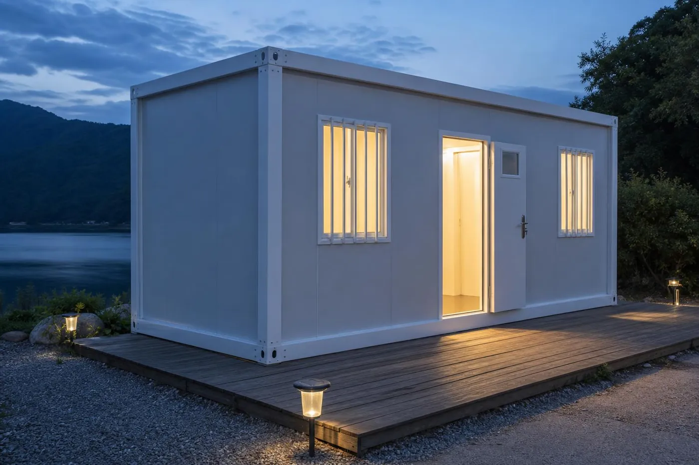 Un módulo iluminado por dentro al atardecer, junto a un lago